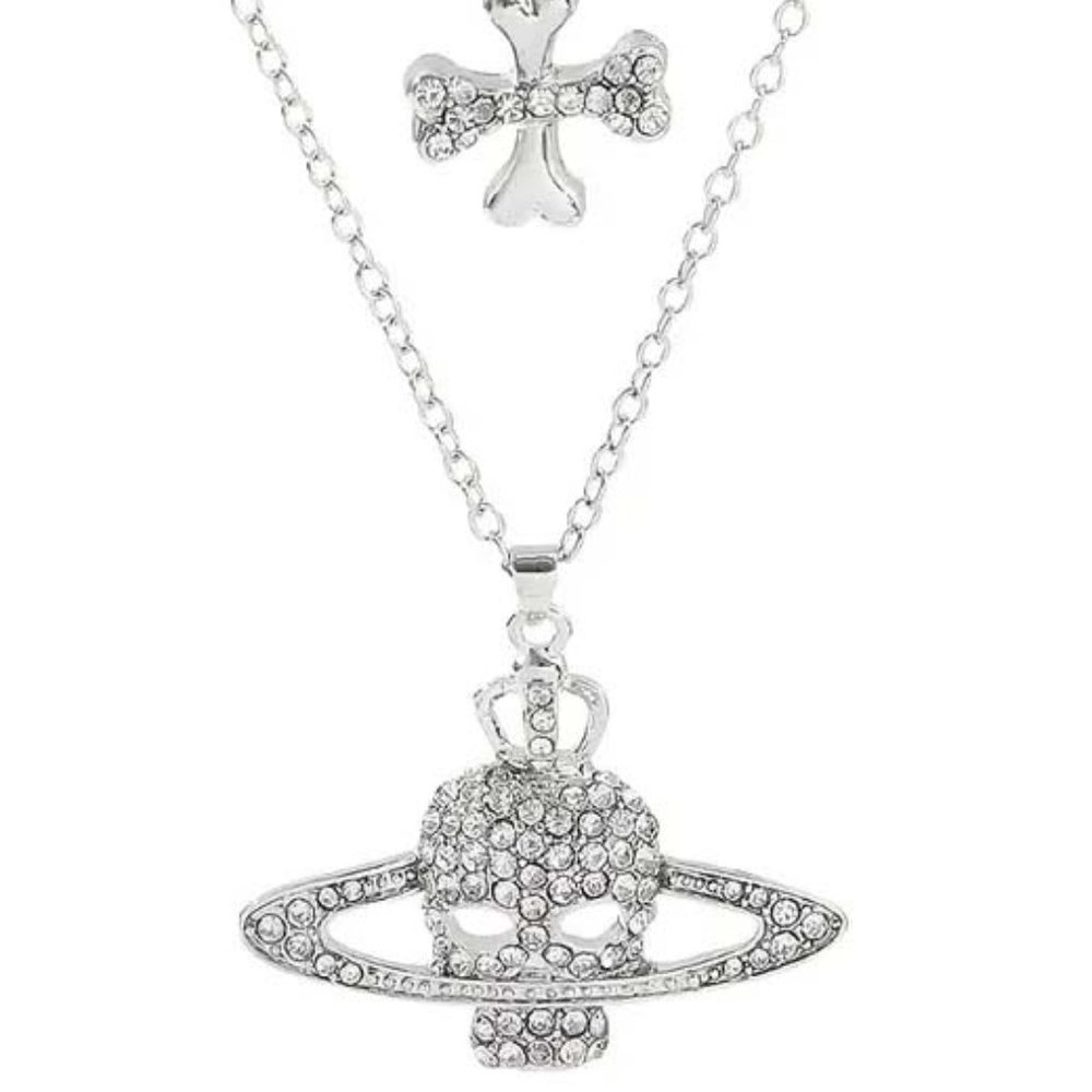 SKULL SATURN CROSSED BONES RHINESTONE SILVERY 2 PENDANT NECKLACES 43
